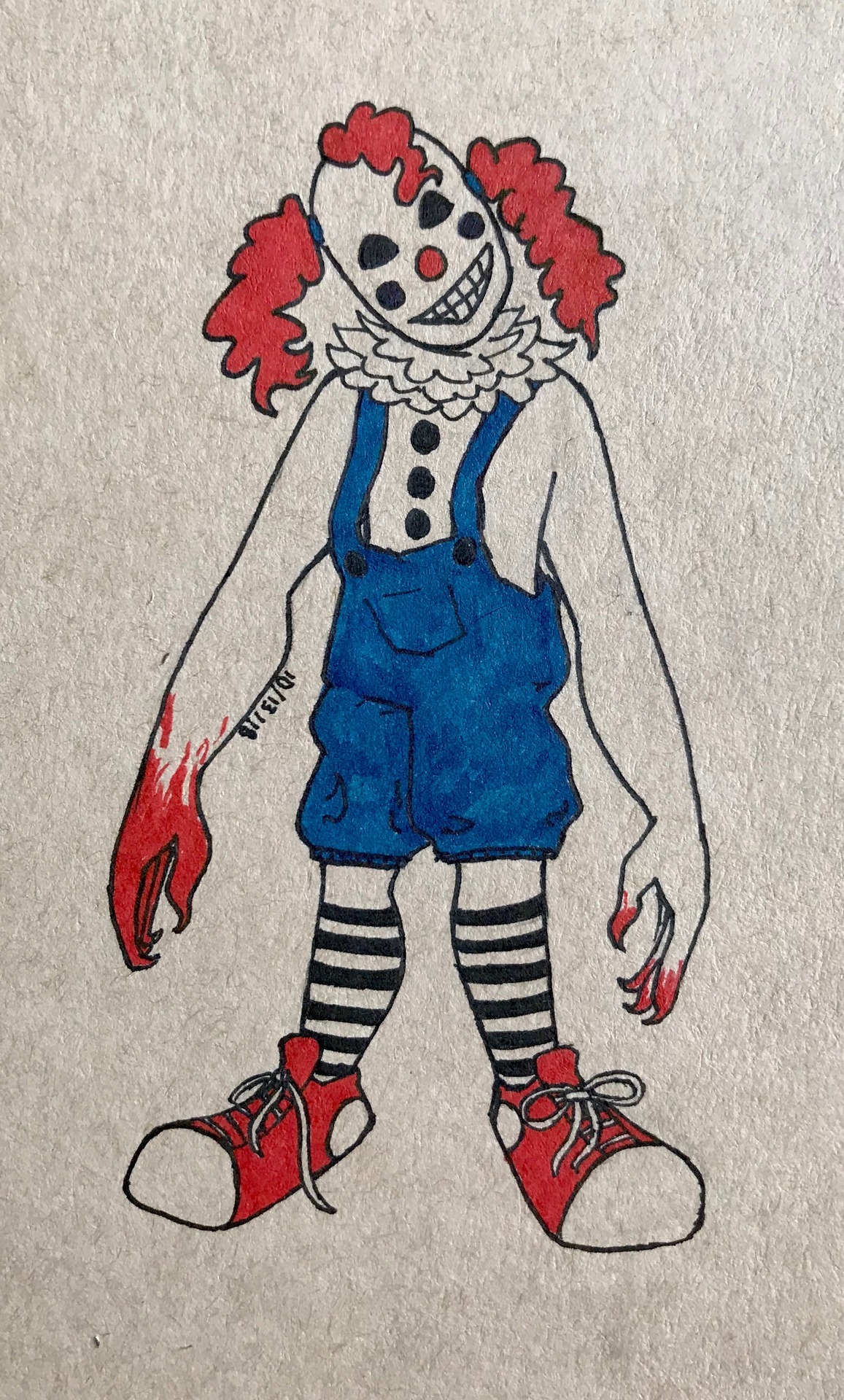 Black, red, blue, and white ink and marker drawing of a creepy clown creature. She has curly red hair, black eyes, and is wearing blue overalls, black and white striped socks, and red shoes. Blood is creeping up her arms from her hands.
